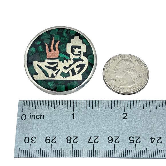 Malachite Inlay Chacmool Brooch Pendant | Mexican Mayan Incan | Sterling Silver - Picture 8 of 8